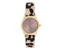 OOZOO Timepieces - Goudkleurige horloge met bruin/zwarte leren band - C11626