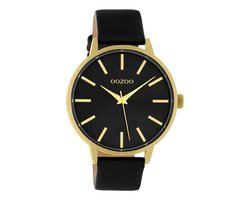 OOZOO Timepieces - goudkleurige horloge met zwarte leren band - C10838 - Ø42