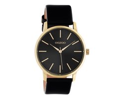 OOZOO Timepieces - goudkleurige horloge met zwarte leren band - C10839 - Ø40