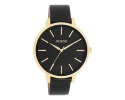 OOZOO Timepieces - Goudkleurige OOZOO horloge met zwarte leren band - C11294