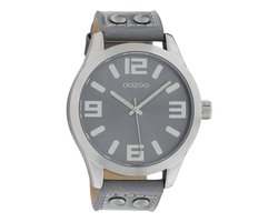 OOZOO Timepieces - Zilverkleurige horloge met aqua grijze leren band - C1060