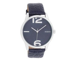 OOZOO Timepieces - Zilverkleurige horloge met avond blauwe leren band - C10377