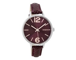 OOZOO Timepieces - Zilverkleurige horloge met bordeaux rode leren band - C9482