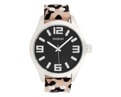 OOZOO Timepieces - Zilverkleurige horloge met bruine leren band - C0901