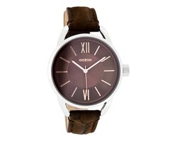 OOZOO Timepieces - Zilverkleurige horloge met donker bruine leren band - C7123