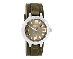OOZOO Timepieces - Zilverkleurige horloge met donker bruine leren band - C8708