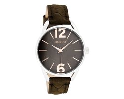 OOZOO Timepieces - Zilverkleurige horloge met donker bruine leren band - JR283