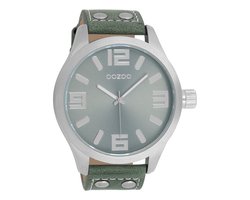 OOZOO Timepieces - Zilverkleurige horloge met groen grijze leren band - C1011