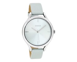 OOZOO Timepieces - Zilverkleurige horloge met licht blauwe leren band - C8346