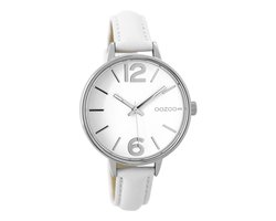 OOZOO Timepieces - Zilverkleurige horloge met witte leren band - C9480