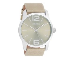 OOZOO Timepieces - Zilverkleurige horloge met zand/licht groene leren band - C8031