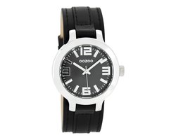 OOZOO Timepieces - Zilverkleurige horloge met zwarte leren band - C8709