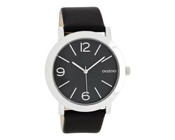 OOZOO Timepieces - Zilverkleurige horloge met zwarte leren band - C8714