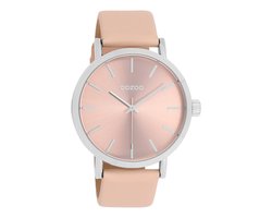OOZOO Timepieces - Zilverkleurige OOZOO horloge met perzik crème leren band - C11193