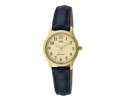 Q&Q C03A-008PY - Horloge - Vrouwen - Dames - Leren band - Rond - Staal - Zwart - Goudkleurig