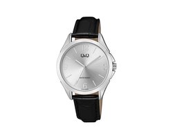 Q&Q C04A-012PY - Horloge - Vrouwen - Dames - Leren band - Rond - Metaal - Cijfers - Streepjes - Zwart - Goudkleurig