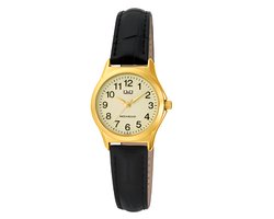 Q&Q C07A-005PY - Horloge - Analoog - Vrouwen - Dames - Leren band - Rond - Metaal - Cijfers - Goudkleurig 3 ATM