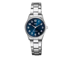 Q&Q C11A-003PY - Horloge - Analoog - Dames - Vrouwen - stalen band - Rond - Metaal - Cijfers - Zilverkleurig - Blauw