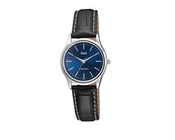 Q&Q C11A-014PY - Horloge - Analoog - Vrouwen - Dames - Leren band - Rond - Metaal - Blauw- Zilverkleurig - 3 ATM