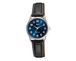 Q&Q C11A-016PY - Horloge - Analoog - Dames - Vrouwen - Leren band - Rond - Cijfers - Zwart - Zilverkleurig - Blauw