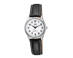 Q&Q C215J304Y - Horloge - Analoog - Vrouwen - Dames - Leren band - Rond - Metaal - Cijfers - Zwart - Zilverkleurig - Wit - 3 ATM