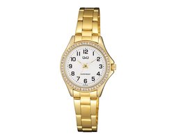 Q&Q C223J004Y - Horloge - Analoog - Dames - Vrouwen - stalen band - Rond - Metaal - Cijfers - Goudkleurig - Wit - Briljanten