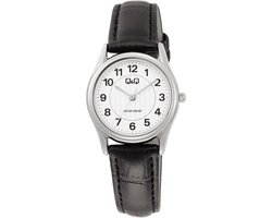 Q&Q C49A-001PY - Horloge - Polshorloge - Analoog - Dames - Vrouwen - Leren band - Rond - Metaal - Cijfers - Zwart - Zilverkleurig - Wit