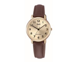 Q&Q C65A-001PY - Horloge - Polshorloge - Analoog - Dames - Vrouwen - Leren band - Rond - Metaal - Cijfers - Bruin - Goudkleurig