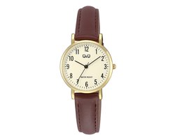 Q&Q C66A-001PY - Horloge - Polshorloge - Analoog - Dames - Vrouwen - Leren band - Rond - Metaal - Cijfers - DonkerBruin - Goudkleurig
