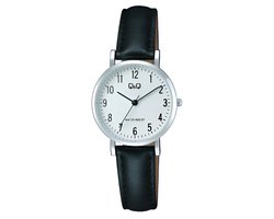 Q&Q C66A-003PY - Horloge - Vrouwen - Dames - Leren band - Rond - Staal - Zwart - Zilverkleurig