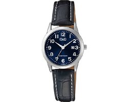 Q&Q-dames-horloge-datum-blauwe wijzerplaat-zwart leder-3 atm waterdicht-diameter 30 mm