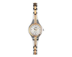 Q&Q F13A-003PY - Horloge - Polshorloge - Analoog - Dames - Vrouwen - Metalen band - Rond - Metaal - Stippen - Cijfers - Zilverkleurig - Goudkleurig
