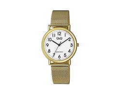 Q&Q Q05A-009PY - Horloge - Analoog - Vrouwen - Dames - Milanese/Mesh stalen band - Rond - Metaal - Cijfers - Goudkleurig - Wit - 3 ATM