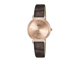 Q&Q Q27B-012PY - Horloge - Vrouwen - Dames - Leren band - Rond - Metaal - Streepjes - Bruin - Rosékleurig