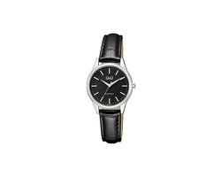 Q&Q Q57A-004PY - Horloge - Analoog - Vrouwen - Dames - Leren band - Rond - Metaal - Streepjes - Zwart - Zilverkleurig - 3ATM
