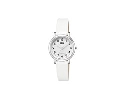 Q&Q Q58A-008PY - Horloge - Analoog - Vrouwen - Dames - Leren band - Rond - Metaal - Cijfers - Wit - Zilverkleurig - 3ATM