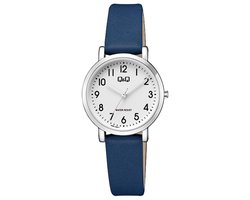 Q&Q Q58A-009PY - Horloge - Analoog - Vrouwen - Dames - Leren band - Rond - Metaal - Cijfers - Donkerblauw - Zilverkleurig - Wit - 3ATM