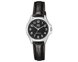 Q&Q QA07J305Y - Horloge - Analoog - Dames - Vrouwen - leren band - Metaal - Rond - Zwart - Zilverkleurig - 5 ATM