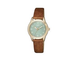 Q&Q QB93J105Y - Horloge - Vrouwen - Dames - Leren band - Rond - Metaal - Cijfers - Bruin - Rosékleurig - Groen - 3 ATM