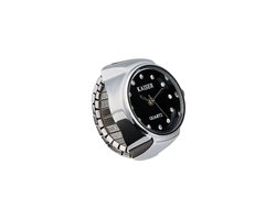Ringhorloge Vinger Horloge Ring - Zilver met Zwarte Wijzerplaat en Steentjes - One Size Fits All Rekband - Kaiser Quartz - 22mm