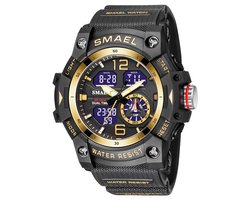 Shockbestendig Heren Horloge Zwart Goud | Smael | 8007 | Shock | Waterdicht | Glow in dark | Mud Master | Licht | Rubberen band | Timer | Eyecatcher | Mooi Cadeau