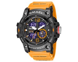 Shockbestendig Heren Horloge Zwart Oranje | Smael | 8007 | Shock | Waterdicht | Glow in dark | Mud Master | Licht | Rubberen band | Timer | Eyecatcher | Mooi Cadeau