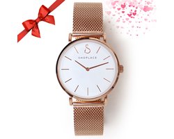 Shoplace Horloge dames met witte wijzerplaat - Horloges voor vrouwen - Polshorloge dames - Mesh band – RVS - Cadeau voor vrouw - Rosegoud - 36 mm
