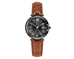 Tomi Luxe Horloge | Elegante Horloge | 34MM | Bruine Leren band | Zwarte Wijzerplaat | Dames Horloges