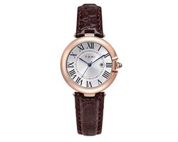 Tomi Luxe Horloge Rose | Elegante Horloge | 34MM | Bruine Leren band | Witte Wijzerplaat | Dames Horloges