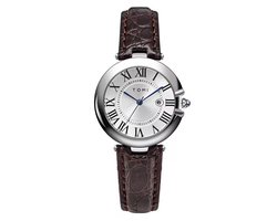 Tomi Luxe Horloge Zilver | Elegante Horloge | 34MM | Bruine Leren band | Zwarte Wijzerplaat | Dames Horloges