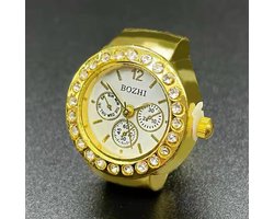 Vinger Ring Horloge - Finger Watch - Vingerhorloge - Geel Goud Wit - Diamonds