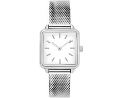 Zilveren Dameshorloge Vierkant – RVS – Witte Wijzerplaat – Inclusief Batterij – 34 mm