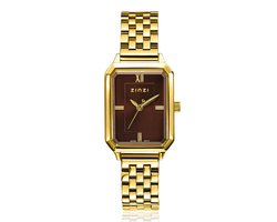 ZINZI Allure horloge 30mm achthoekige kast, bruine wijzerplaat, geelgoudkleurige stalen kast en band, Japans uurwerk ZIW2536