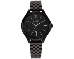 ZINZI Classy horloge 34mm zwarte wijzerplaat zwarte stalen kast en band, datum ziw1037